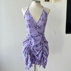 Purple butterfly dress with adjustable straps and skirt ruching